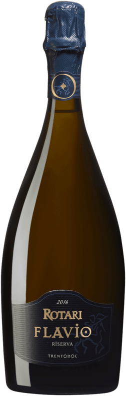 En glasflaska med Rotari Flavio Riserva 2016, en mousserande från Trentino-Alto Adige i Italien