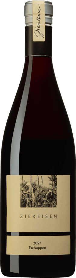 En glasflaska med Ziereisen Tschuppen Pinot Noir 2021, ett rött vin från Baden i Tyskland