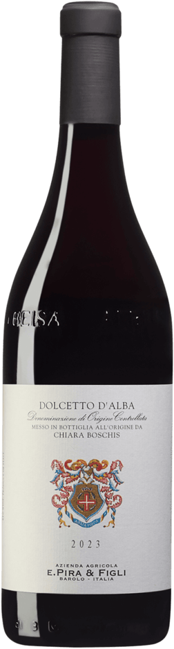 En glasflaska med E. Pira & Figli Chiara Boschis Dolcetto d'Alba 2023, ett rött vin från Piemonte i Italien