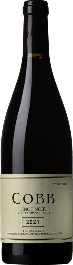 En glasflaska med Cobb Wines Coastlands Vineyard Pinot Noir 2021, ett rött vin från Kalifornien i USA