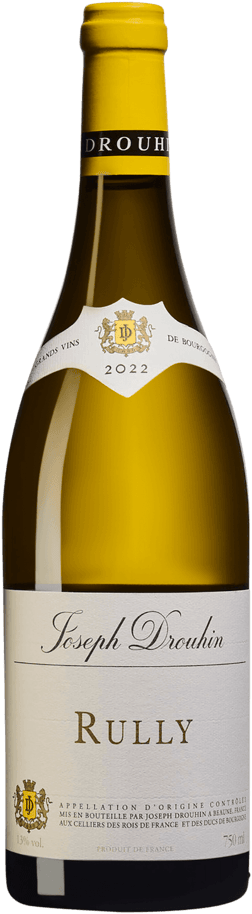 En glasflaska med Joseph Drouhin Rully Blanc 2022, ett vitt vin från Bourgogne i Frankrike