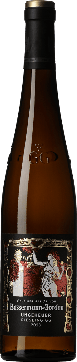 En glasflaska med Bassermann-Jordan Forster Ungeheuer Riesling GG 2023, ett vitt vin från Pfalz i Tyskland