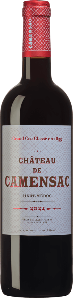 En glasflaska med Château de Camensac 2022, ett rött vin från Bordeaux i Frankrike
