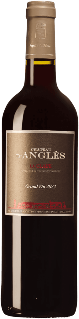 En glasflaska med Château d'Anglès Grand Vin 2022, ett rött vin från Languedoc-Roussillon i Frankrike