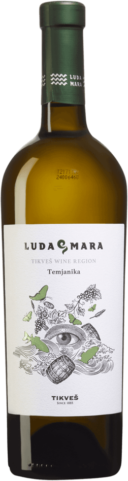 En glasflaska med Tikveš Kavadarci Temjanika Luda Mara 2024, ett vitt vin från Povardarje i Nordmakedonien