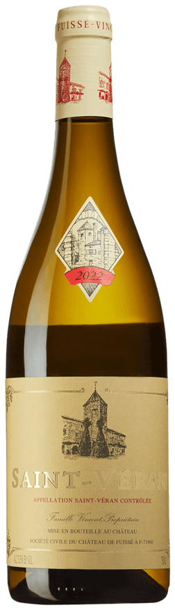 En glasflaska med Château Fuissé Saint-Véran 2022, ett vitt vin från Bourgogne i Frankrike