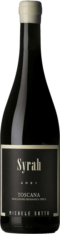 En glasflaska med Michele Satta Syrah 2021, ett rött vin från Toscana i Italien