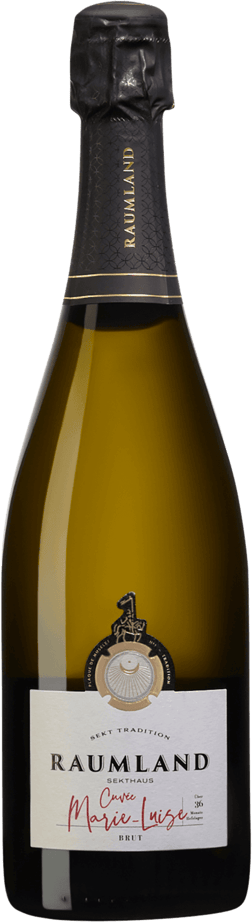 En glasflaska med Sekthaus Raumland Cuvée Marie-Luise Brut 2018, en mousserande från Tyskland