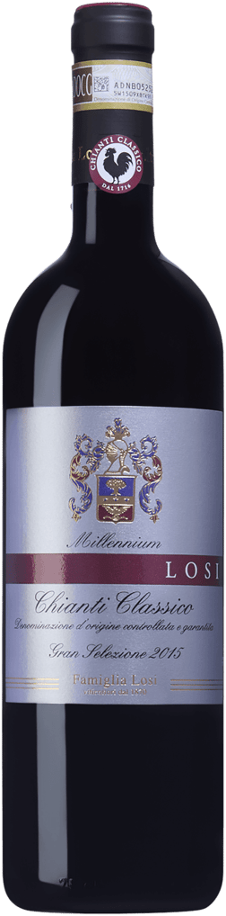 En lättare glasflaska med Famiglia Losi Chianti Classico Millennium LOSI Gran Selezione 2015, ett rött vin från Toscana i Italien