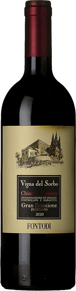 En glasflaska med Fontodi Vigna del Sorbo Chianti Classico Gran Selezione 2020, ett rött vin från Toscana i Italien