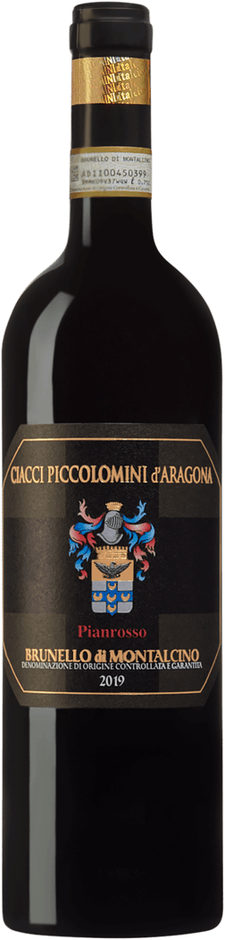 En glasflaska med Ciacci Piccolomini Brunello di Montalcino Pianrosso 2019, ett rött vin från Toscana i Italien