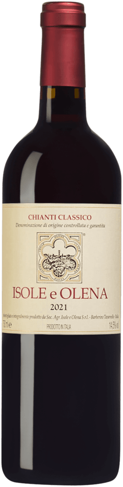 En glasflaska med Isole e Olena Chianti Classico 2021, ett rött vin från Toscana i Italien