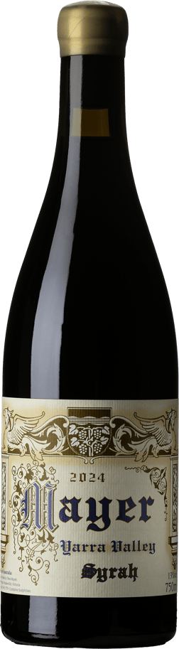 En glasflaska med Timo Mayer Syrah 2024, ett rött vin från Victoria i Australien