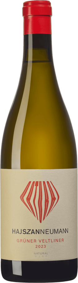En glasflaska med Hajszan-Neumann Natural Grüner Veltliner 2023, ett vitt vin från Wien i Österrike