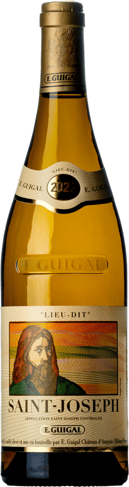 En glasflaska med E Guigal Saint-Joseph Lieu Dit Blanc 2022, ett vitt vin från Rhonedalen i Frankrike