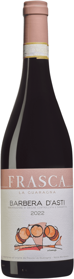 En glasflaska med Frasca Barbera d'Asti 2022, ett rött vin från Piemonte i Italien