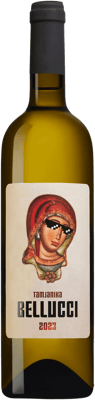 En glasflaska med Tamjanika Bellucci, ett vitt vin från Serbien