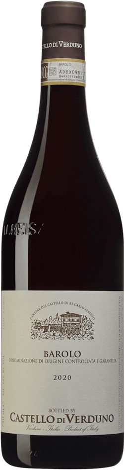 En lättare glasflaska med Castello di Verduno Barolo 2020, ett rött vin från Piemonte i Italien