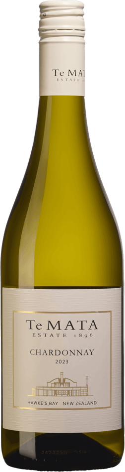 En lättare glasflaska med Te Mata Estate Chardonnay 2023, ett vitt vin från Hawke's Bay i Nya Zeeland