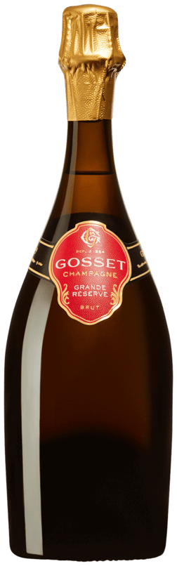 En glasflaska med Gosset Grande Reserve Brut, ett champagne från Champagne i Frankrike