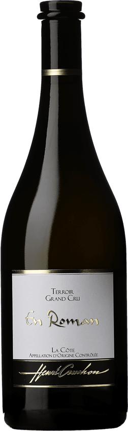 En glasflaska med Domaine Henri Cruchon En Roman Grand Cru 2023, ett vitt vin från Vaud i Schweiz