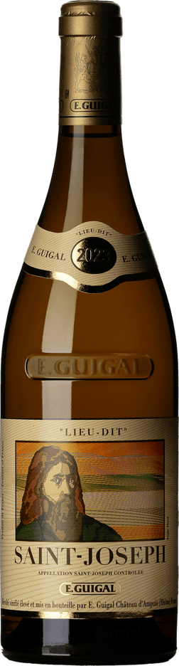 En glasflaska med E. Guigal Saint-Joseph Blanc Lieu-Dit 2023, ett vitt vin från Rhonedalen i Frankrike