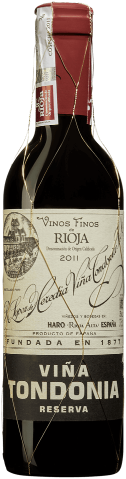 En glasflaska med R López de Heredia Viña Tondonia Reserva 2011 (halvpanna), ett rött vin från Rioja i Spanien