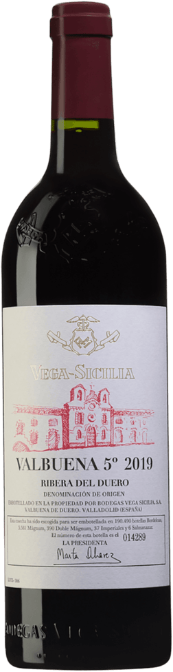 En glasflaska med Vega Sicilia Valbuena 5º 2019, ett rött vin från Kastilien-León i Spanien