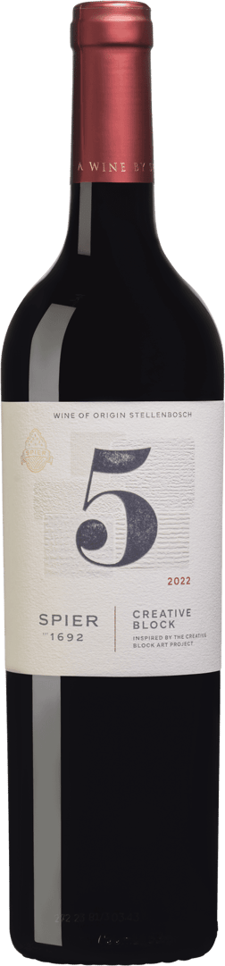 En glasflaska med Spier Creative Block 5 2021, ett rött vin från Western Cape i Sydafrika