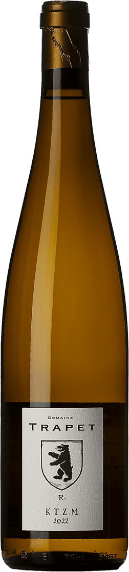En glasflaska med Domaine Trapet K.T.Z.M Kientzheim Riesling 2022, ett vitt vin från Alsace i Frankrike