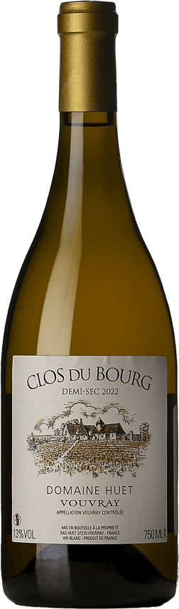 En glasflaska med Domaine Huet Clos du Bourg Demi-Sec 2022, ett vitt vin från Loiredalen i Frankrike