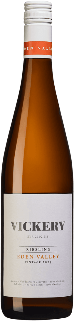 En glasflaska med Vickery Eden Valley Riesling 2023, ett vitt vin från South Australia i Australien