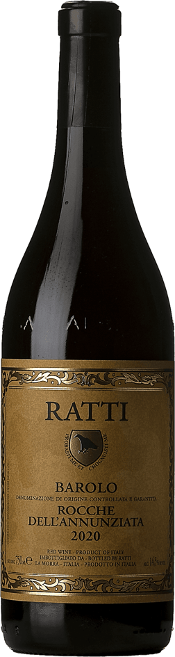 En glasflaska med Ratti Barolo Rocche dell'Annunziata 2020, ett rött vin från Piemonte i Italien