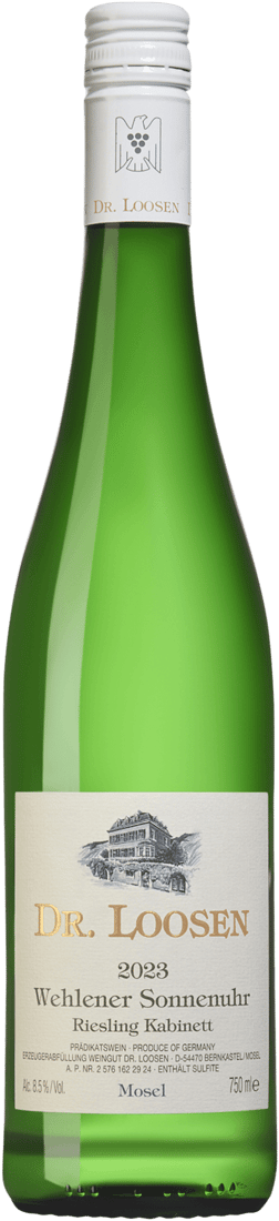En lättare glasflaska med Dr Loosen Wehlener Sonnenuhr Riesling Kabinett 2023, ett vitt vin från Mosel i Tyskland