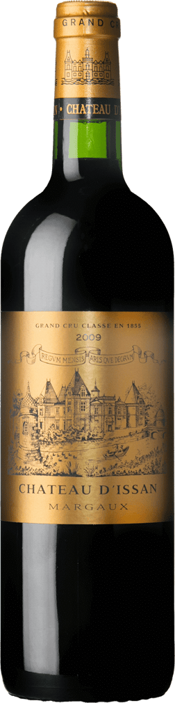 En glasflaska med Château d'Issan 2009, ett rött vin från Bordeaux i Frankrike