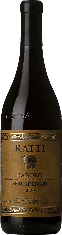 En glasflaska med Ratti Barolo Serradenari 2020, ett rött vin från Piemonte i Italien