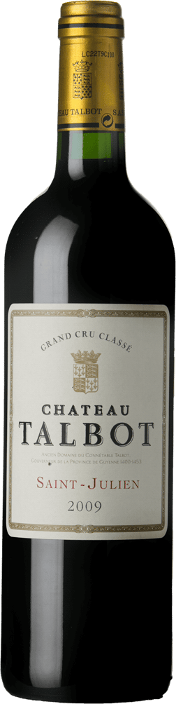 En glasflaska med Château Talbot 2009, ett rött vin från Bordeaux i Frankrike