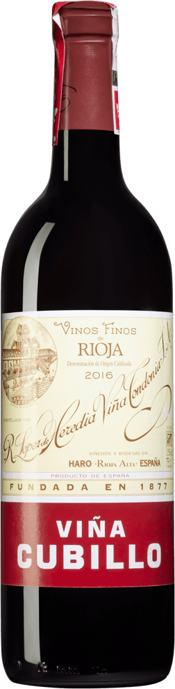 En glasflaska med R López de Heredia Viña Tondonia Viña Cubillo Crianza 2016, ett rött vin från Rioja i Spanien