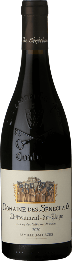 En glasflaska med Domaine de Senechaux Châteauneuf-du-Pape Rouge 2020, ett rött vin från Rhonedalen i Frankrike