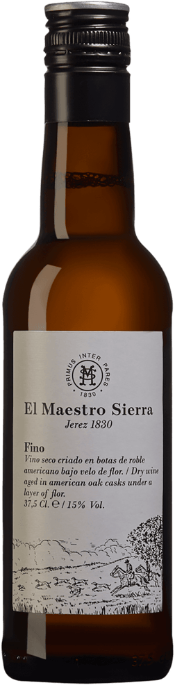 En lättare glasflaska med Bodegas El Maestro Sierra Fino, en starkvin från Andalusien i Spanien