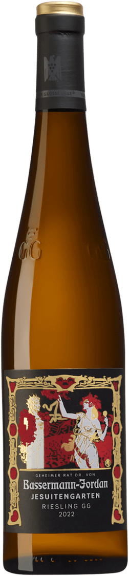 En glasflaska med Basserman-Jordan Forster Jesuitengarten Riesling GG 2022, ett vitt vin från Pfalz i Tyskland