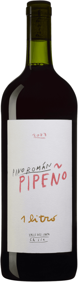 En lättare glasflaska med Pino Román Pipeño 2023, ett rött vin från Région del Sur i Chile