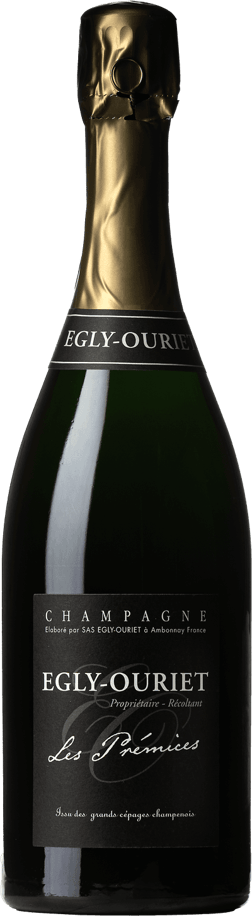 En glasflaska med Egly-Ouriet Les Prémices Brut, ett champagne från Champagne i Frankrike