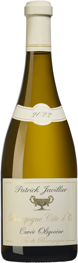 En glasflaska med Domaine Patrick Javillier Bourgogne Côte d’Or Cuvée Oligocène 2022, ett vitt vin från Bourgogne i Frankrike