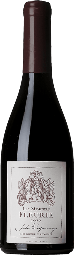 En glasflaska med Jules Desjourneys Fleurie Les Moriers 2020, ett rött vin från Bourgogne i Frankrike