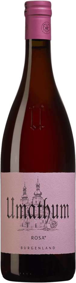 En glasflaska med Umathum Rosa 2023, en rosévin från Burgenland i Österrike