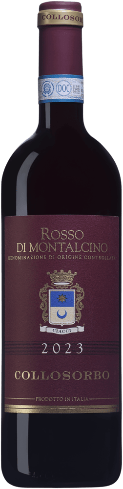 En glasflaska med Tenuta di Collosorbo Rosso di Montalcino 2023, ett rött vin från Toscana i Italien