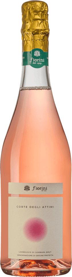 En lättare glasflaska med Poderi Fiorini Corte degli Attimi Lambrusco di Sorbara 2024, en mousserande från Emilia-Romagna i Italien