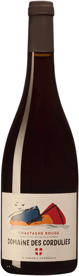 En glasflaska med Domaine des Cordulies Vin de Savoie Rouge Chautagne 2022, ett rött vin från Savoie i Frankrike