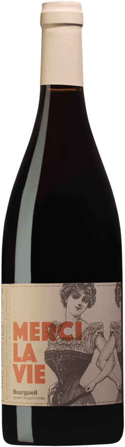 En lättare glasflaska med Domaine de L'oubliée Merci la Vie 2023, ett rött vin från Loiredalen i Frankrike